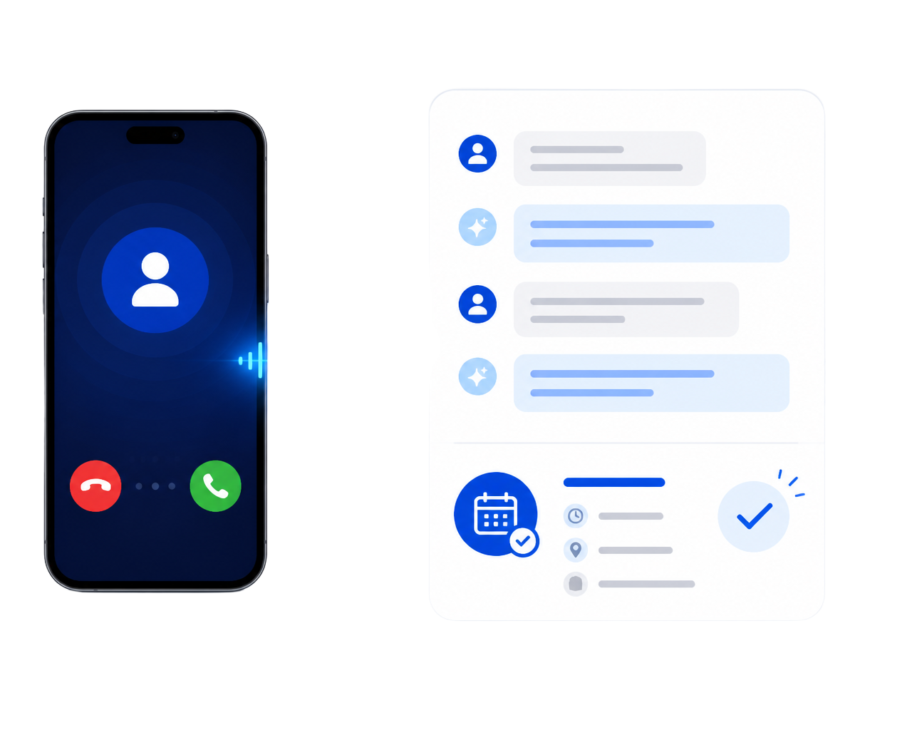 Illustration of an AI receptionist answering an incoming phone call and booking an appointment